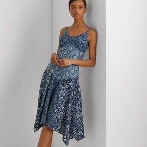 Lauren Ralph Lauren Linen Patchwork print adjustable strap blue dress size 4